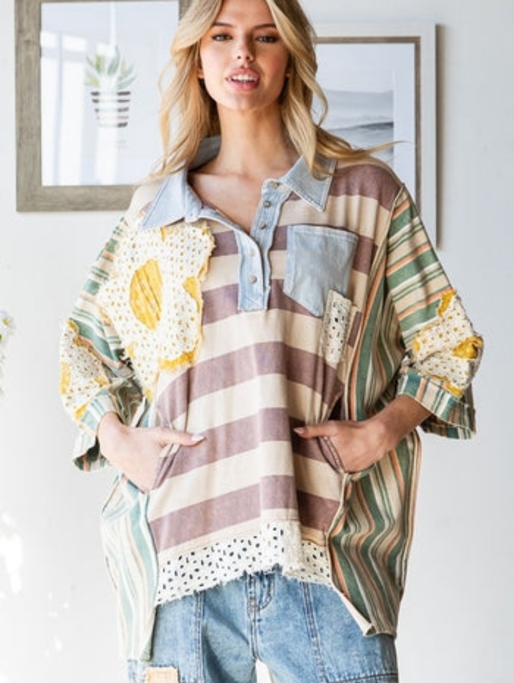 Oli & Hali Oversized Multicolored Mix n Matched Striped Top with Flower Patches - Picture 6 of 6